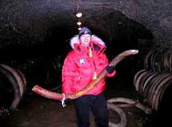 Wave holding million year old  mammoth tusk.