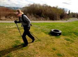 Wave pulling tires to simulate weight of sled.